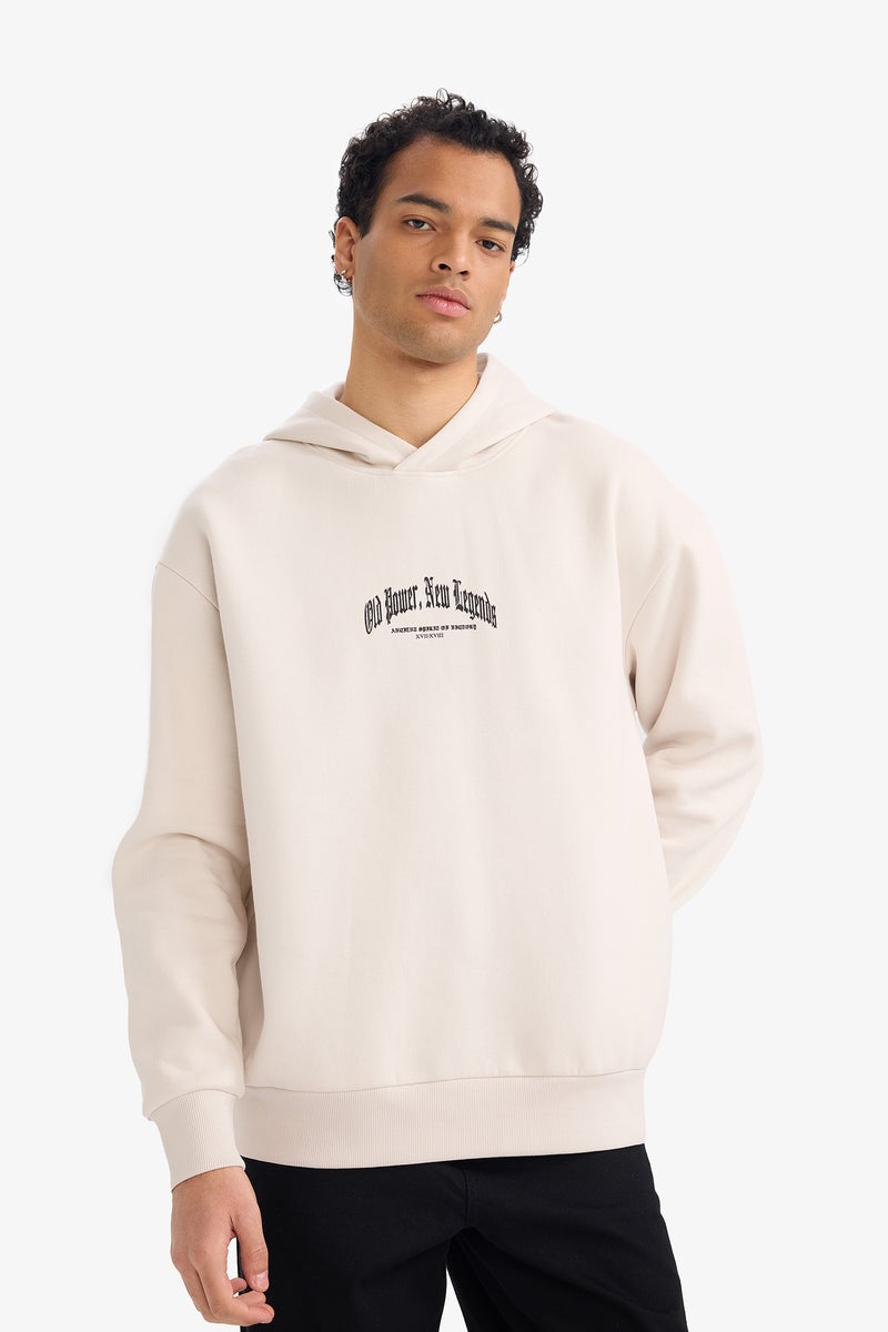 DeFacto Beige Man Boxy Fit Printed Long Sleeve Hoodie Casual - Image 3
